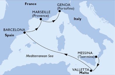 immagine dell´itinerario della crociera in italia, malta, spagna, francia a bordo di 
											MSC SEASHORE con partenza da Messina il 26/10/21