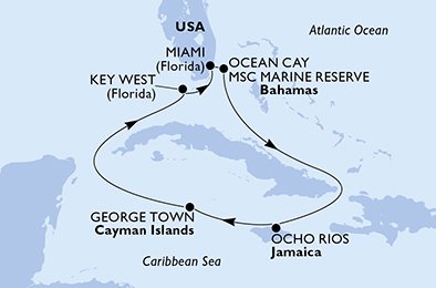 immagine dell´itinerario della crociera in usa, bahamas, giamaica, isole cayman a bordo di 
											MSC ARMONIA con partenza da Miami il 09/08/20