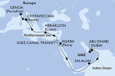 immagine dell´itinerario della crociera in emirati arabi uniti, oman, giordania, egitto, grecia, italia a bordo di 
											MSC SEAVIEW con partenza da Dubai il 13/03/21