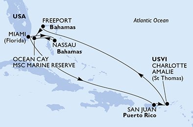 itinerario della crociera in 
							usa, bahamas, porto rico, isole vergini (usa) su MSC DIVINA