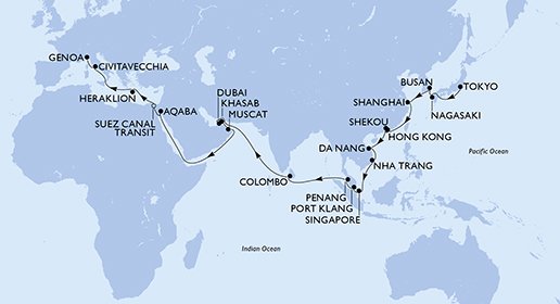 itinerario della crociera in 
							giappone, repubblica di corea, cina, hong kong, vietnam, singapore, malesia, sri lanka, emirati arabi uniti, oman, giordania, egitto, grecia, italia su MSC POESIA