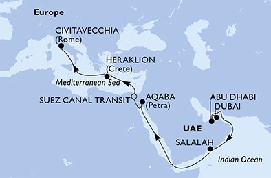 immagine dell´itinerario della crociera in emirati arabi uniti, oman, giordania, egitto, grecia, italia a bordo di 
											MSC SEAVIEW con partenza da Dubai il 13/03/21