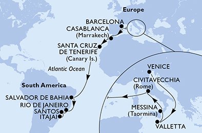 immagine dell´itinerario della crociera in Italia, Malta, Spagna, Marocco, Brasile a bordo di 
							MSC SINFONIA