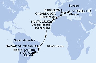 immagine itinerario della crociera in italia, spagna, marocco, brasile a bordo di msc grand voyages