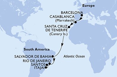 immagine itinerario della crociera in spagna, marocco, brasile a bordo di msc sinfonia