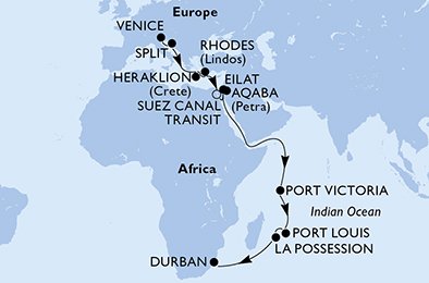 immagine dell´itinerario della crociera in italia, croazia, grecia, egitto, giordania, israele, seychelles, mauritius, r?union, sudafrica a bordo di 
											MSC MUSICA con partenza da Venezia il 25/10/20