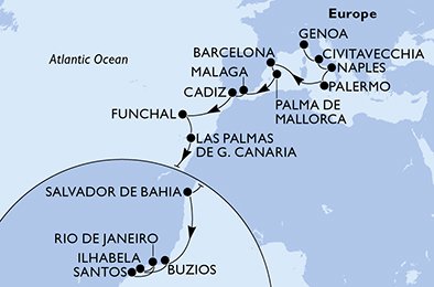 immagine dell´itinerario della crociera in Italia, Spagna, Portogallo, Brasile a bordo di 
							MSC FANTASIA