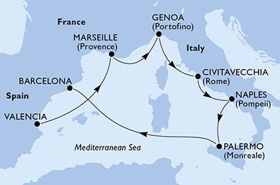 immagine dell´itinerario della crociera in Spagna, Francia, Italia a bordo di 
							MSC FANTASIA