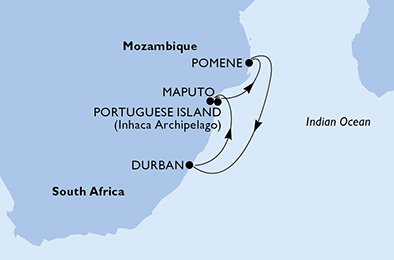 immagine dell´itinerario della crociera in Sudafrica, Mozambico a bordo di 
							MSC MUSICA