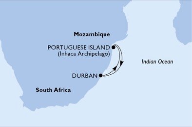 immagine dell´itinerario della crociera in sudafrica, mozambico a bordo di 
											MSC MUSICA con partenza da Durban il 05/02/21