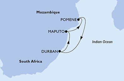 immagine dell´itinerario della crociera in sudafrica, mozambico a bordo di 
											MSC MUSICA con partenza da Durban il 15/03/21