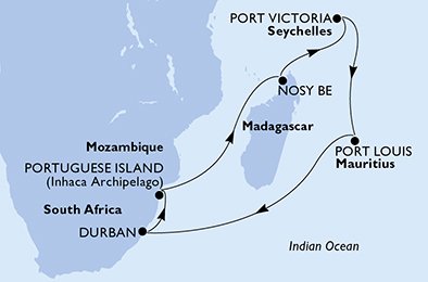 immagine dell´itinerario della crociera in Sudafrica, Mozambico, Madagascar, Seychelles, Mauritius a bordo di 
							MSC MUSICA