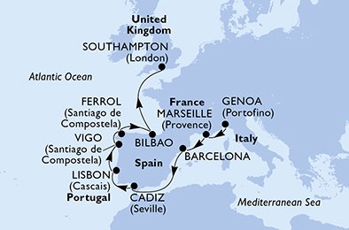 immagine dell´itinerario della crociera in italia, francia, spagna, portogallo, regno unito a bordo di 
											MSC MAGNIFICA con partenza da Genova il 04/05/21