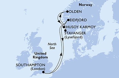 immagine dell´itinerario della crociera in regno unito, norvegia a bordo di 
											MSC MAGNIFICA con partenza da Southampton il 17/07/21