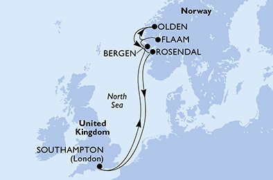 immagine dell´itinerario della crociera in regno unito, norvegia a bordo di 
											MSC MAGNIFICA con partenza da Southampton il 04/09/21