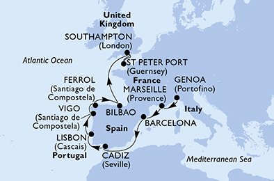 immagine itinerario della crociera in italia, francia, spagna, portogallo, regno unito a bordo di nord europa