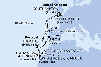 itinerario della crociera in 
							regno unito, portogallo, spagna su MSC MAGNIFICA