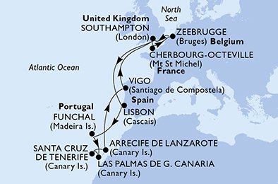 immagine itinerario della crociera in regno unito, portogallo, spagna, francia, belgio a bordo di msc magnifica