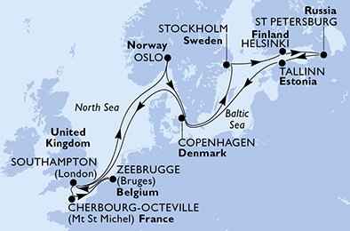 immagine itinerario della crociera in regno unito, francia, belgio, norvegia, danimarca, svezia, finlandia, russia, estonia a bordo di Nord Europa