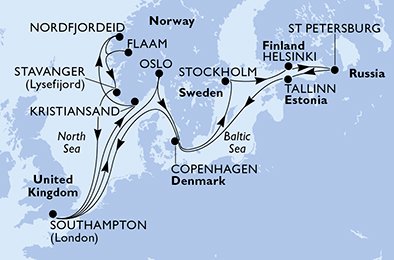 immagine itinerario della crociera in regno unito, norvegia, danimarca, svezia, finlandia, russia, estonia a bordo di nord europa