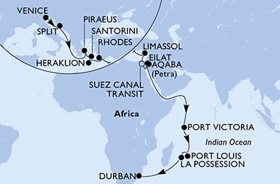 immagine dell´itinerario della crociera in italia, croazia, grecia, cipro, egitto, giordania, israele, seychelles, mauritius, r?union, sudafrica a bordo di 
											MSC OPERA con partenza da Venezia il 08/11/20