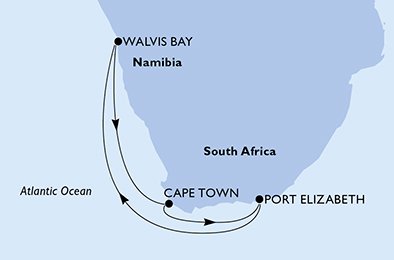 itinerario della crociera in 
							sudafrica, namibia su MSC OPERA