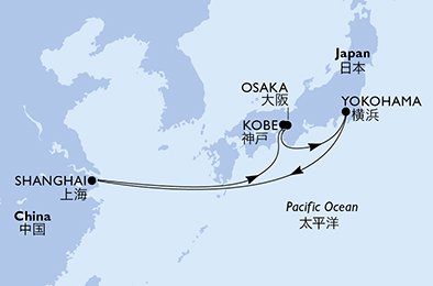 crociera msc UHOH itinerario della crociera in
cina continentale, giappone su MSC BELLISSIMA