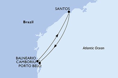 immagine dell´itinerario della crociera in santos, porto belo, camboriu, santos a bordo di 
											MSC PREZIOSA con partenza da Santos il 25/11/20