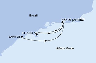 itinerario della crociera in 
							santos, rio de janeiro, ilhabela, rio de janeiro su MSC PREZIOSA