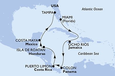 immagine itinerario della crociera in usa, giamaica, panama, costa rica, honduras, messico a bordo di msc armonia