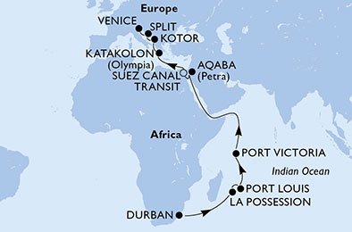 immagine dell´itinerario della crociera in Sudafrica, R?union, Mauritius, Seychelles, Giordania, Egitto, Grecia, Montenegro, Croazia, Italia a bordo di 
							MSC MUSICA