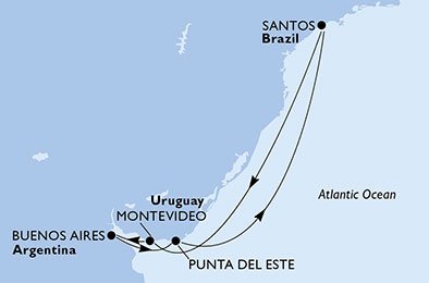 immagine dell´itinerario della crociera in brasile, uruguay, argentina a bordo di 
											MSC FANTASIA con partenza da Santos il 03/01/21