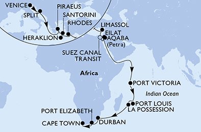 immagine dell´itinerario della crociera in italia, croazia, grecia, cipro, egitto, giordania, israele, seychelles, mauritius, r?union, sudafrica a bordo di 
											MSC OPERA con partenza da Venezia il 08/11/20