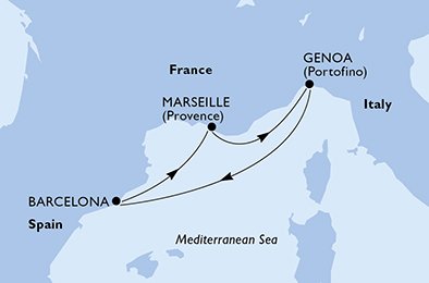 immagine dell´itinerario della crociera in Francia, Italia, Spagna a bordo di 
							MSC VIRTUOSA