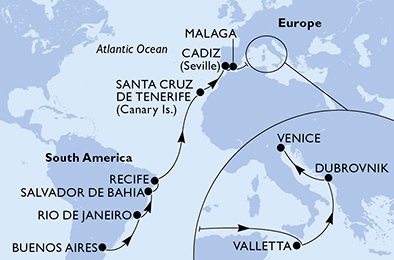 immagine dell´itinerario della crociera in argentina, brasile, spagna, malta, croazia, italia a bordo di 
											MSC ORCHESTRA con partenza da Buenos Aires il 04/04/21