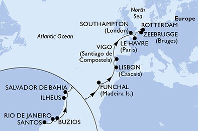 crociera msc UHVB itinerario della crociera in
brasile, portogallo, spagna, regno unito, francia, belgio, olanda su MSC PREZIOSA