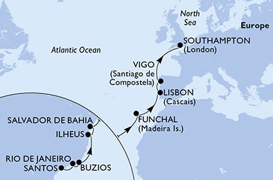 crociera msc UHVD itinerario della crociera in
brasile, portogallo, spagna, regno unito su MSC PREZIOSA