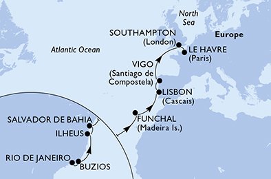 crociera msc UHVE itinerario della crociera in
brasile, portogallo, spagna, regno unito, francia su MSC PREZIOSA