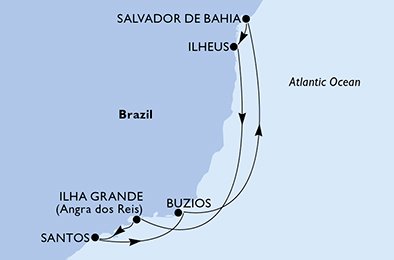 itinerario della crociera in 
							santos, buzios, salvador da bahia, ilheus, ilha grande, santos su MSC GRANDIOSA