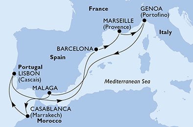 immagine dell´itinerario della crociera in spagna, marocco, portogallo, francia, italia a bordo di 
											MSC SPLENDIDA con partenza da Malaga il 09/10/20