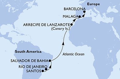 immagine dell´itinerario della crociera in brasile, spagna a bordo di 
											MSC GRANDIOSA con partenza da Santos il 13/03/21