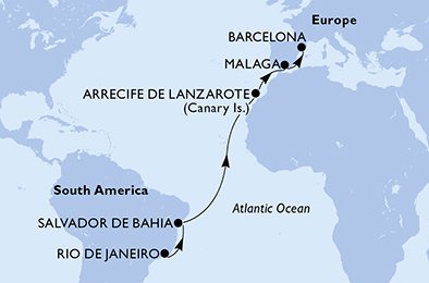 itinerario della crociera in 
							brasile, spagna su MSC GRANDIOSA