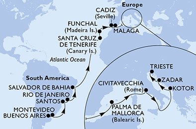 immagine itinerario della crociera in argentina, uruguay, brasile, spagna, portogallo, italia, montenegro, croazia a bordo di msc fantasia