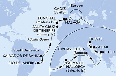 immagine dell´itinerario della crociera in Brasile, Spagna, Portogallo, Italia, Montenegro, Croazia a bordo di 
							MSC FANTASIA