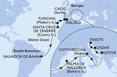 immagine dell´itinerario della crociera in brasile, spagna, portogallo, italia, montenegro, croazia a bordo di 
											MSC FANTASIA con partenza da Salvador da Bahia il 10/03/21