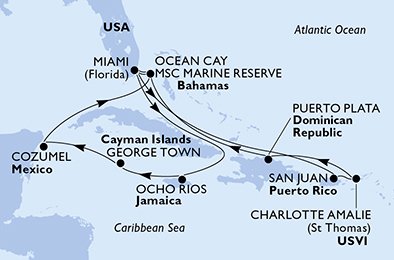 immagine dell´itinerario della crociera in usa, giamaica, isole cayman, messico, bahamas, porto rico, isole vergini (usa), repubblica dominicana a bordo di 
											MSC MERAVIGLIA con partenza da Miami il 19/06/21