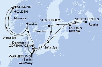 immagine itinerario della crociera in germania, russia, estonia, svezia, danimarca, norvegia a bordo di msc poesia