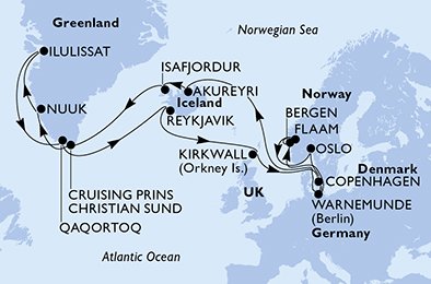 itinerario della crociera in 
							danimarca, germania, islanda, groenlandia, regno unito, norvegia su MSC POESIA