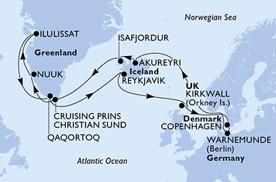 immagine dell´itinerario della crociera in danimarca, germania, islanda, groenlandia, regno unito a bordo di 
											MSC POESIA con partenza da Copenhagen il 10/07/21