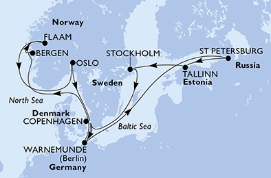 immagine dell´itinerario della crociera in Germania, Russia, Estonia, Svezia, Danimarca, Norvegia a bordo di 
							MSC POESIA